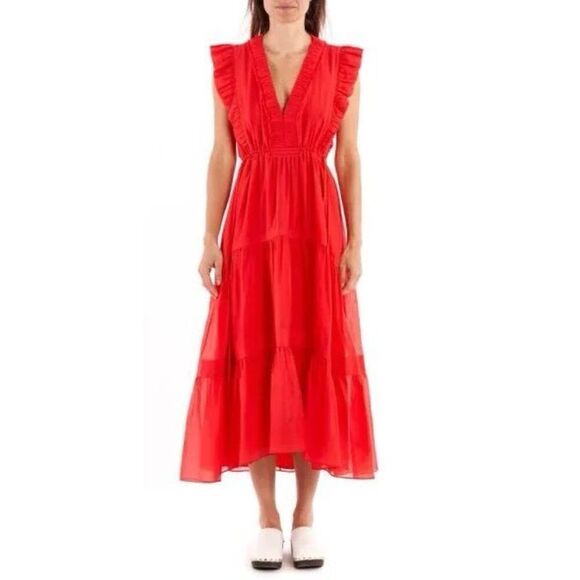 La Ligne Women's Red Marta Ruched Tiered Cotton Midi Dress Large NWOT - Picture 1 of 10